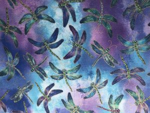 Dragonflies on Gold, Green, Teal, Blue & Purple Cotton