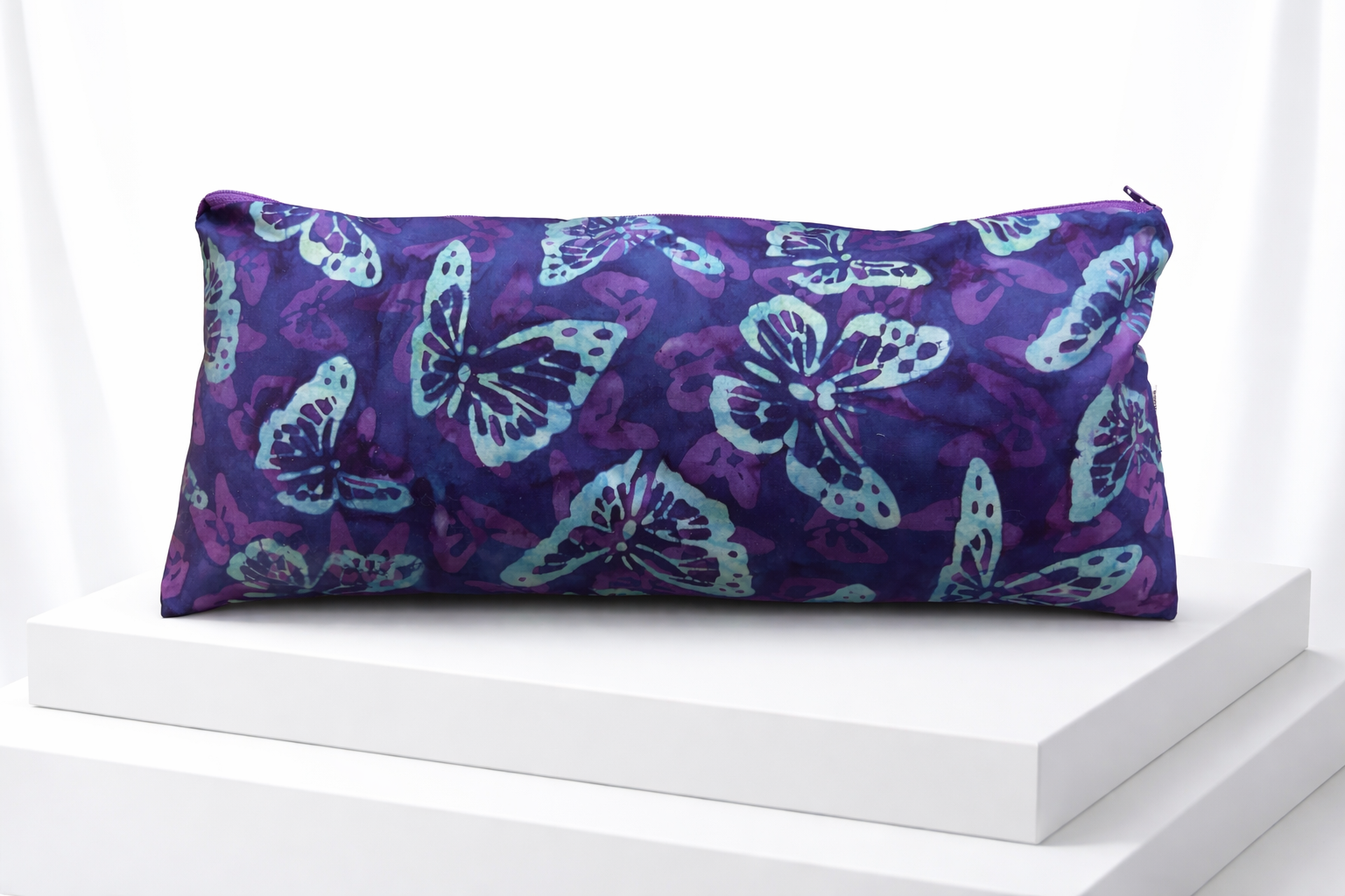 Made with a beautiful two tone purple adorned with a butterfly print. Support pillow with buckwheat hulls, lavender scented. Adjustable firm or soft, neck roll side, back sleepers and cat lovers rejoice. Not microwaveable. - Image 6