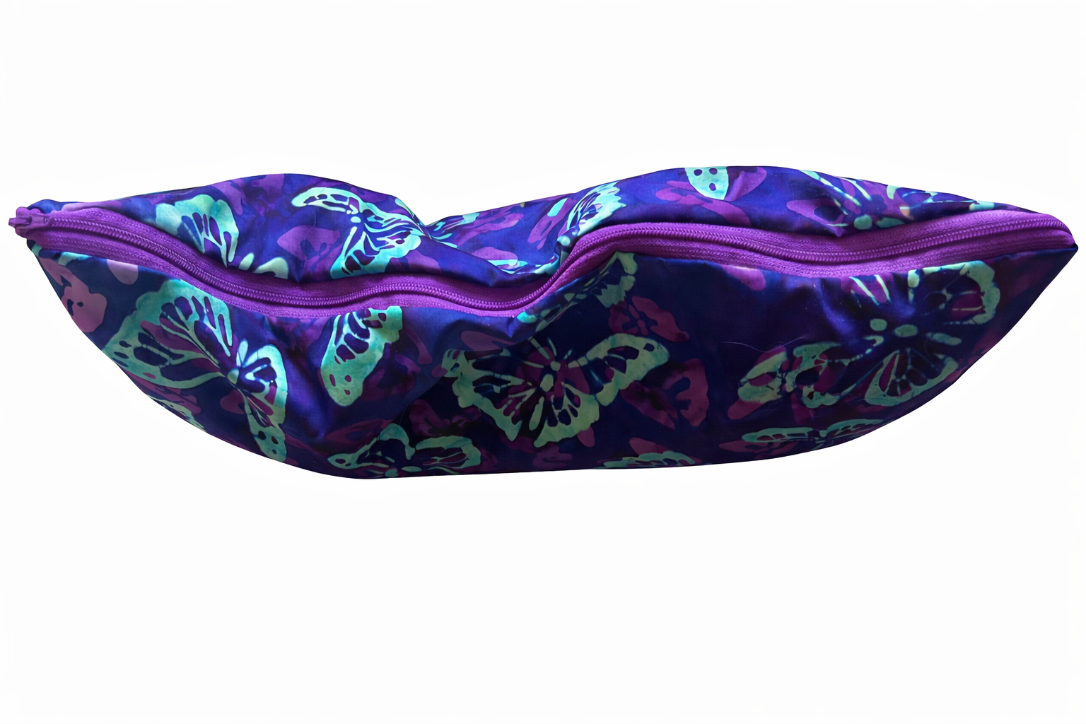 Made with a beautiful two tone purple adorned with a butterfly print. Support pillow with buckwheat hulls, lavender scented. Adjustable firm or soft, neck roll side, back sleepers and cat lovers rejoice. Not microwaveable. - Image 5