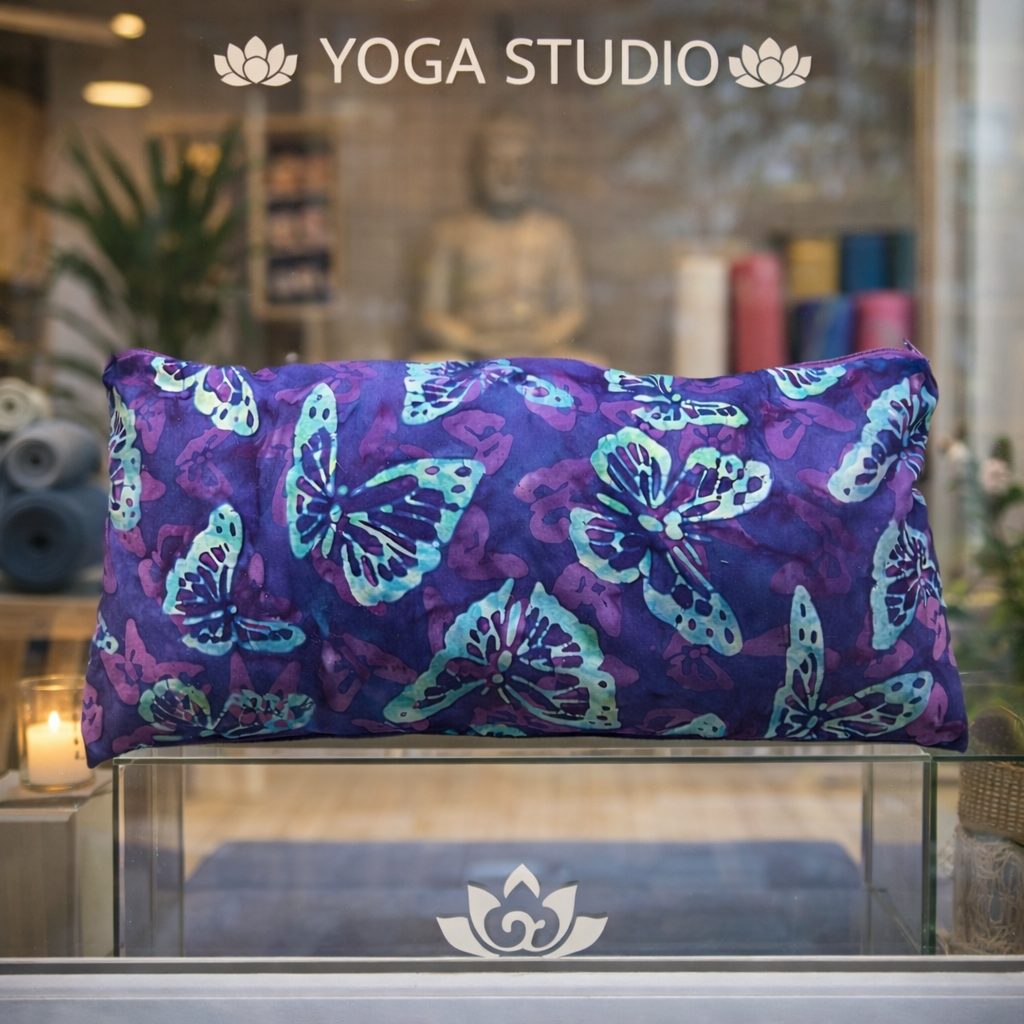 Made with a beautiful two tone purple adorned with a butterfly print. Support pillow with buckwheat hulls, lavender scented. Adjustable firm or soft, neck roll side, back sleepers and cat lovers rejoice. Not microwaveable. - Image 4