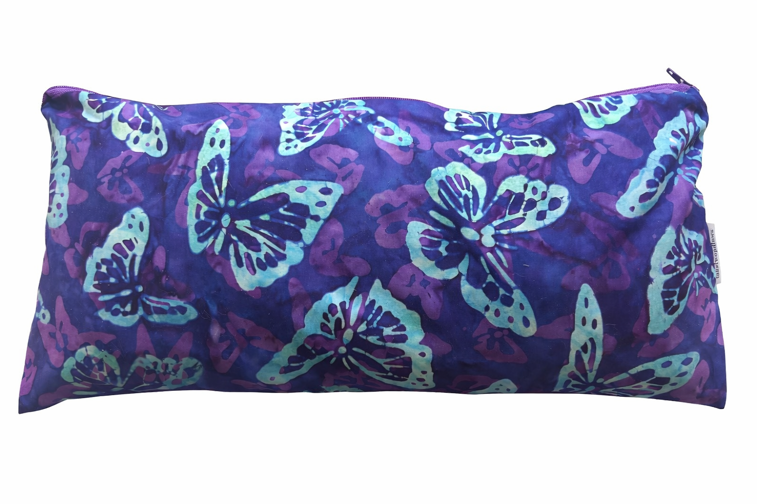 Made with a beautiful two tone purple adorned with a butterfly print. Support pillow with buckwheat hulls, lavender scented. Adjustable firm or soft, neck roll side, back sleepers and cat lovers rejoice. Not microwaveable. - Image 3